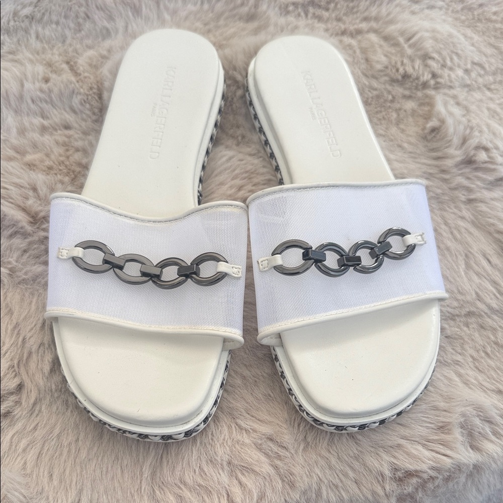Karl Lagerfeld White Slide Sandals with Gunmetal Chain